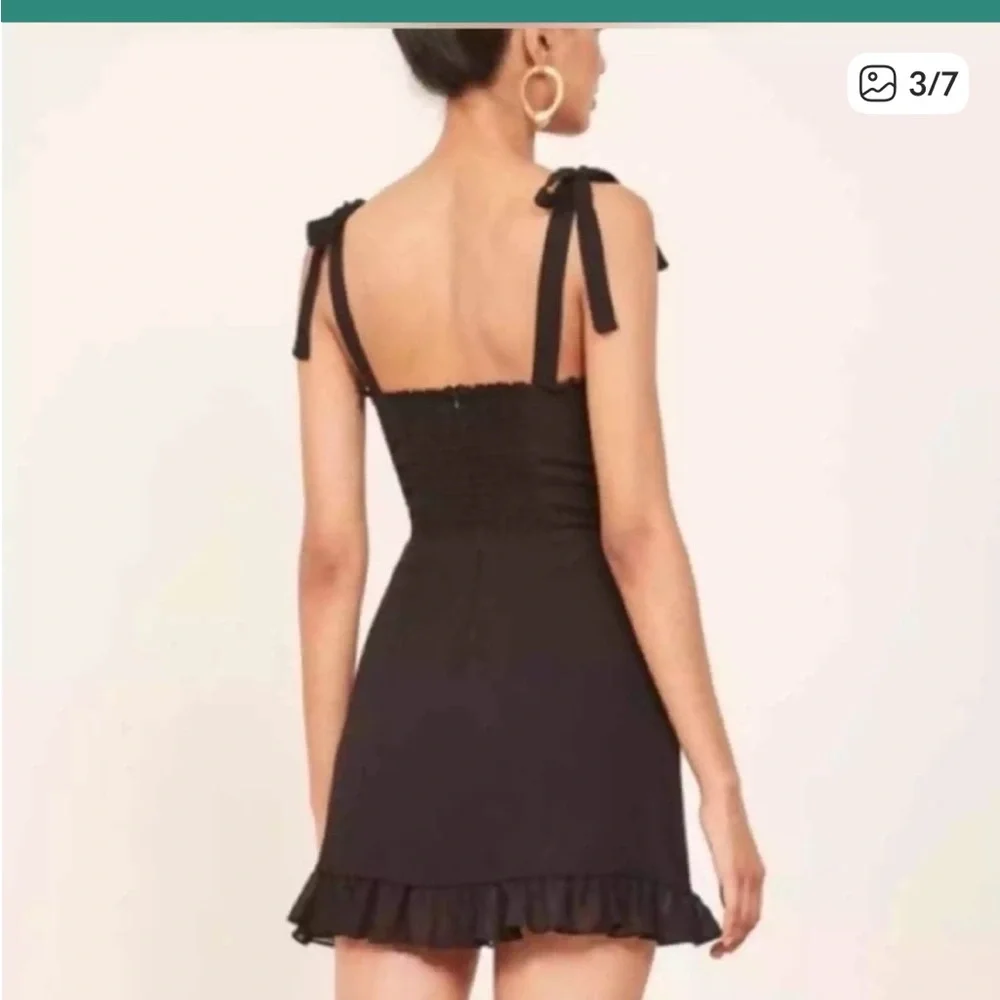 Reformation Christine Mini Dress Black Ruffle Hem Tie Strap size 0 USA LBD - Picture 2 of 9
